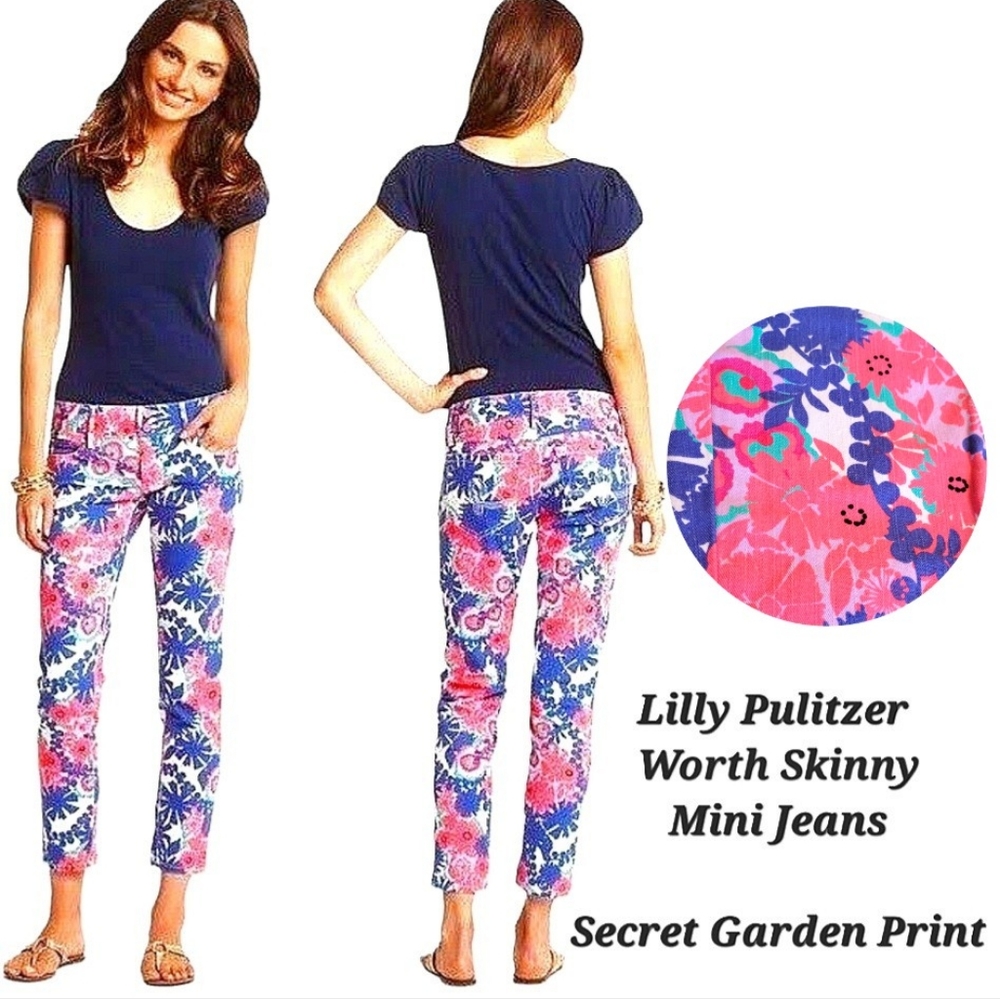 Lilly Pulitzer Worth Skinny Mini Jeans Floral Print Blue Pink Floral Denim